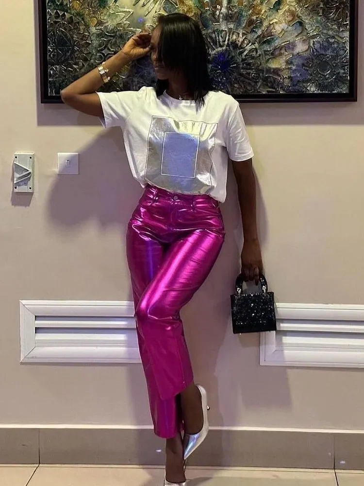 A&A Metallic Straight Leg High Waist Trousers