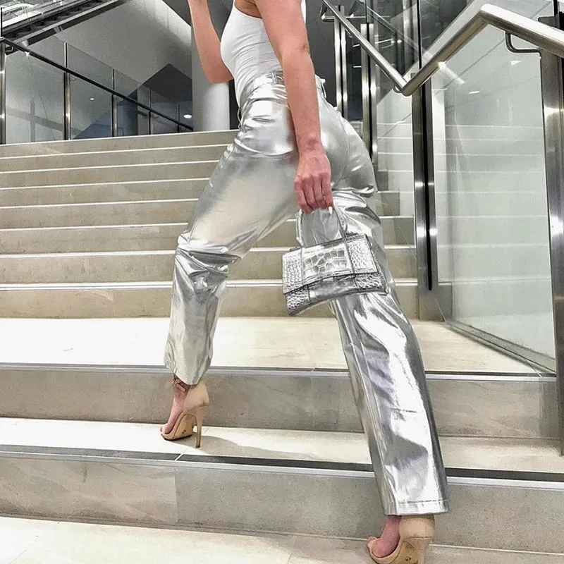 A&A Metallic Straight Leg High Waist Trousers