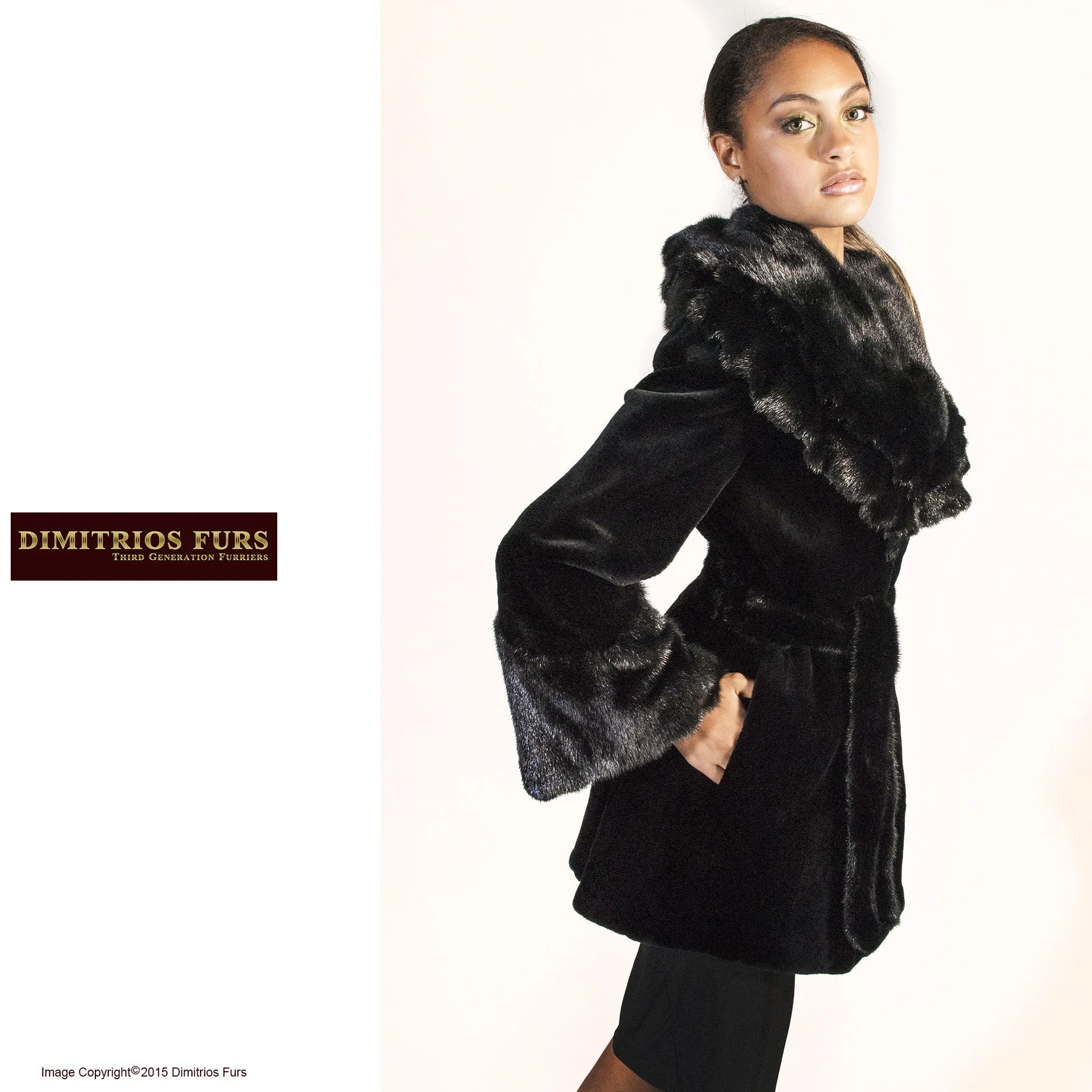 Black Sheared Mink Jacket with Unsheared Collar and Cuffs