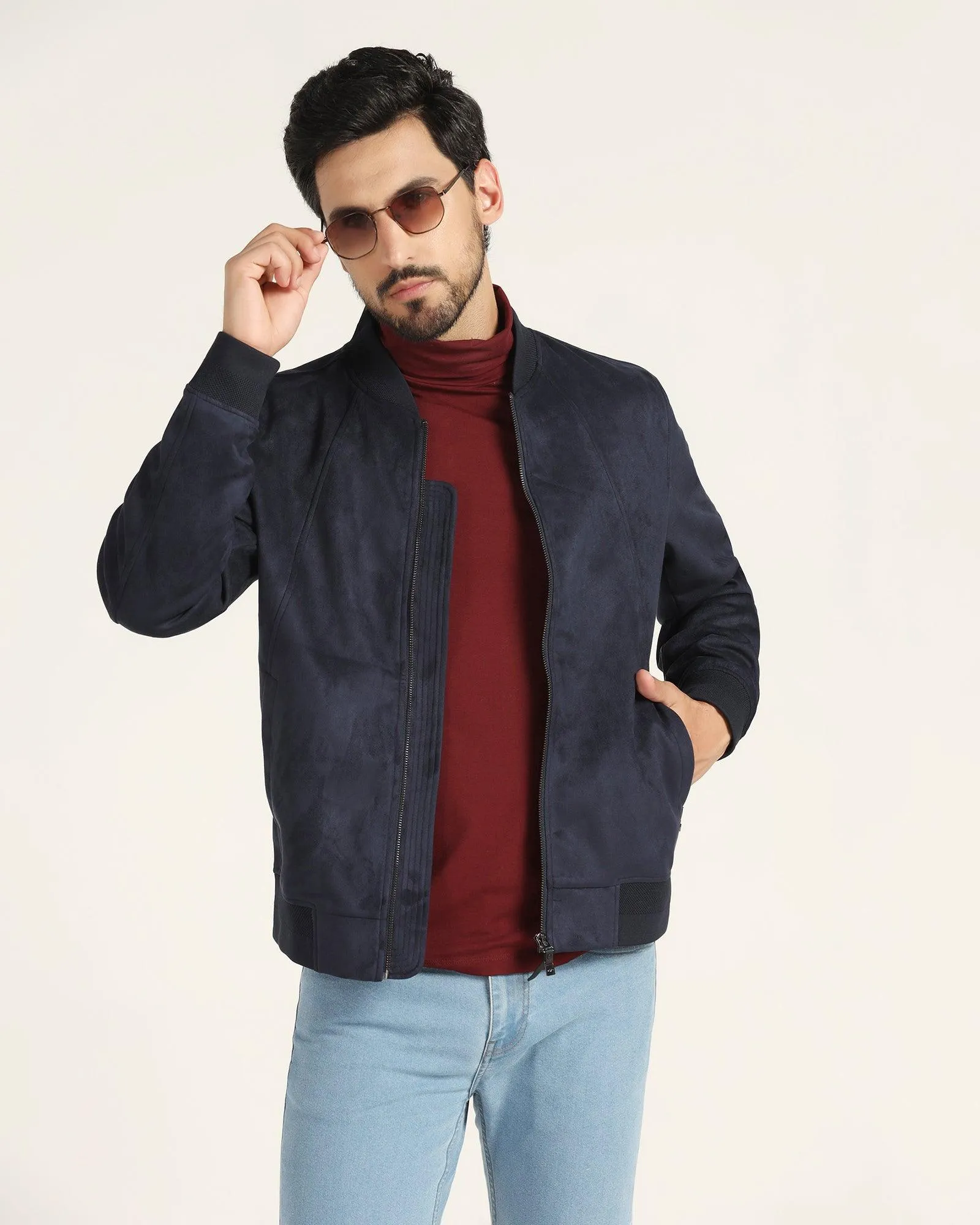 Bomber Navy Solid Zipper Jacket - Raul