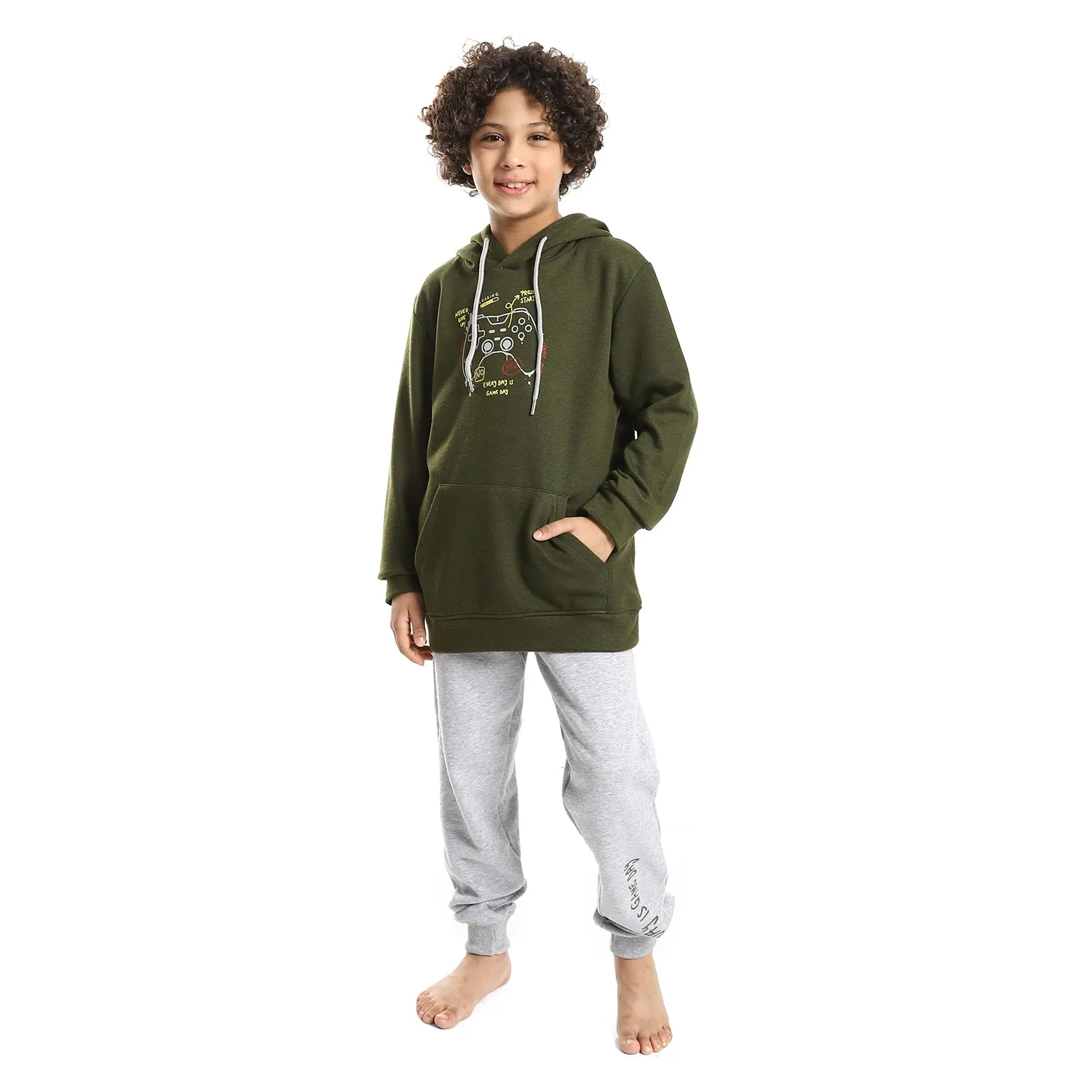 Boys' Dark Green Hoodie and Grey Pants Set - Cozy Winter Loungewear