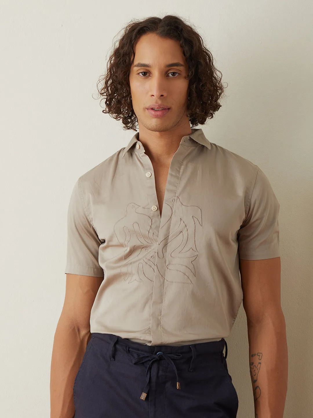 Brown Plain Half Sleeve Casual Shirt