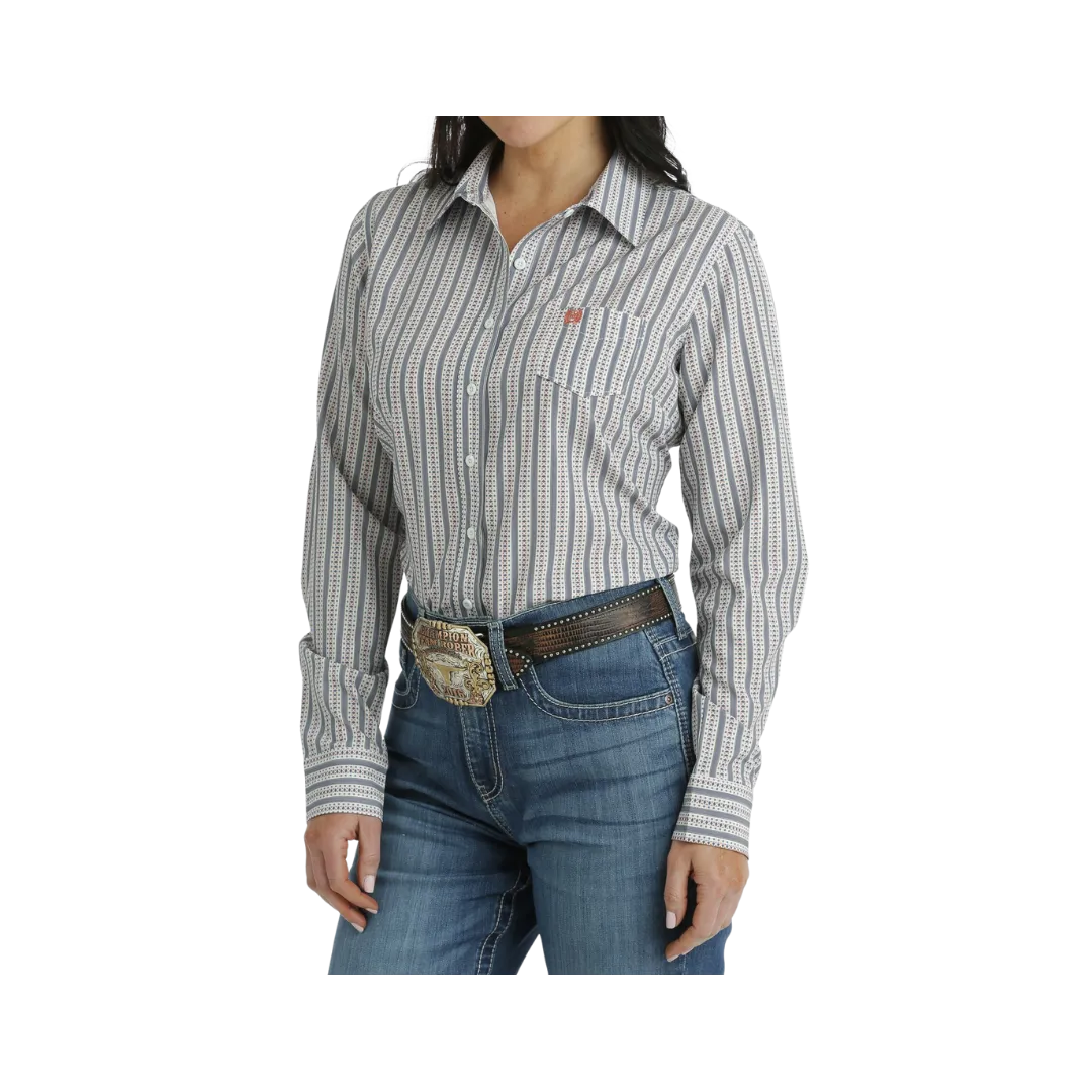 Cinch Women's Arenaflex Button Down Western White Light Blue Shirt