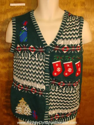 Crafty Green Funny Christmas Sweater Vest with Stockings