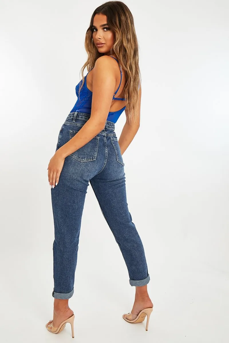 Dark Blue Rolled Hem Mom Fit Jeans - Beryl