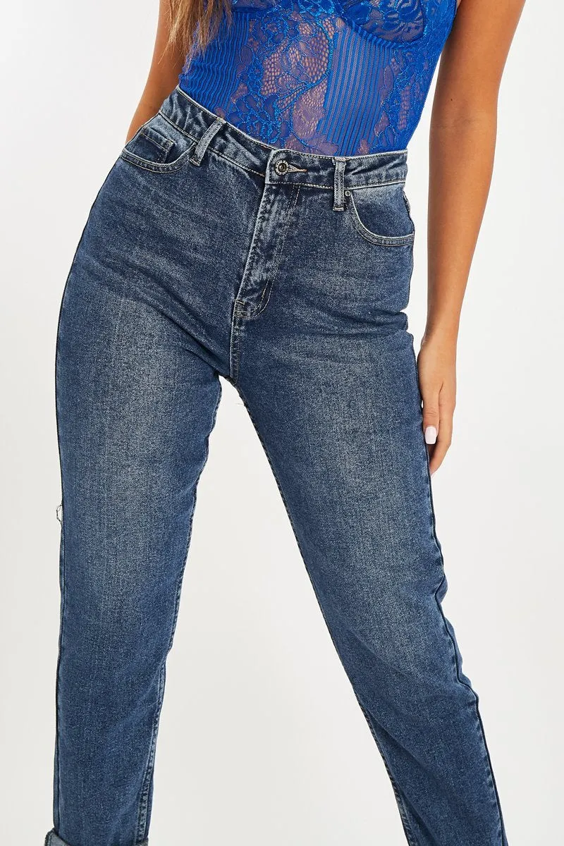 Dark Blue Rolled Hem Mom Fit Jeans - Beryl