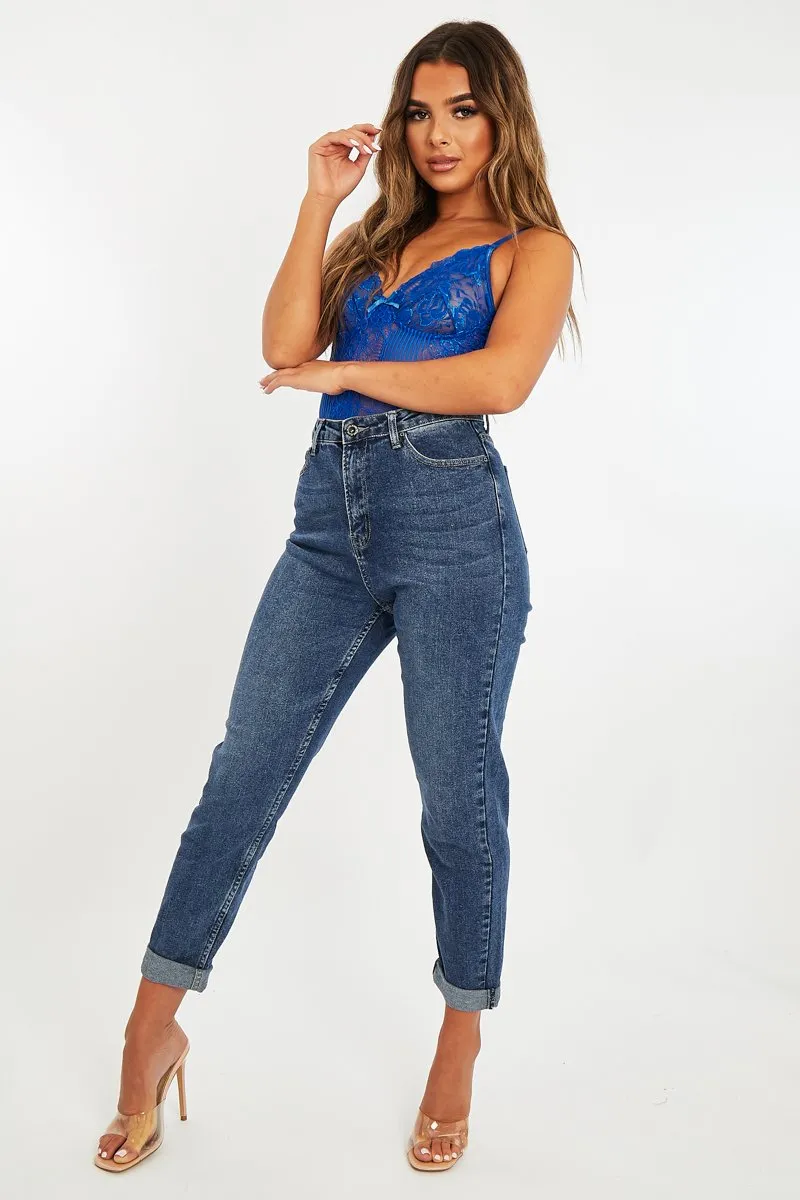 Dark Blue Rolled Hem Mom Fit Jeans - Beryl