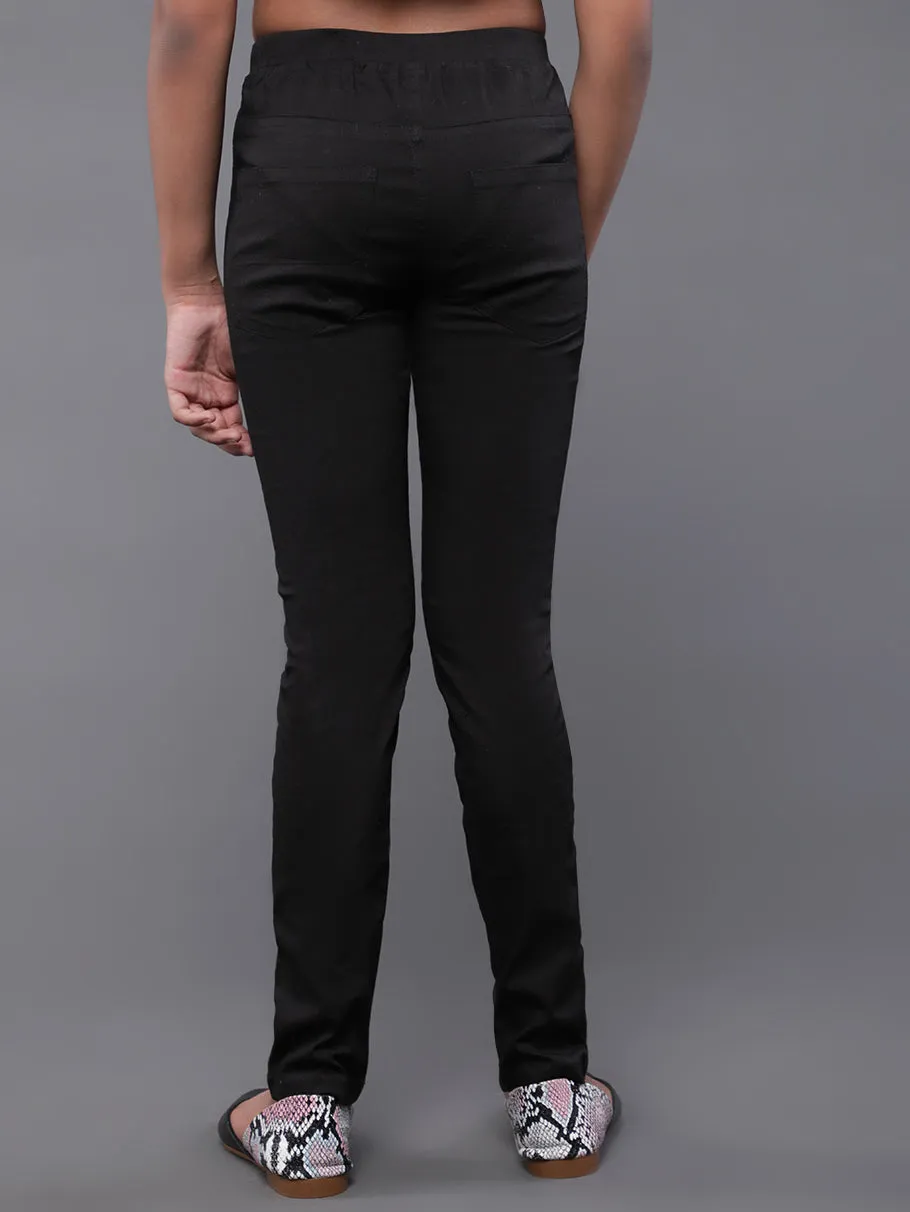 Girl's Black Solid Cigarette Trousers - Aks Girls