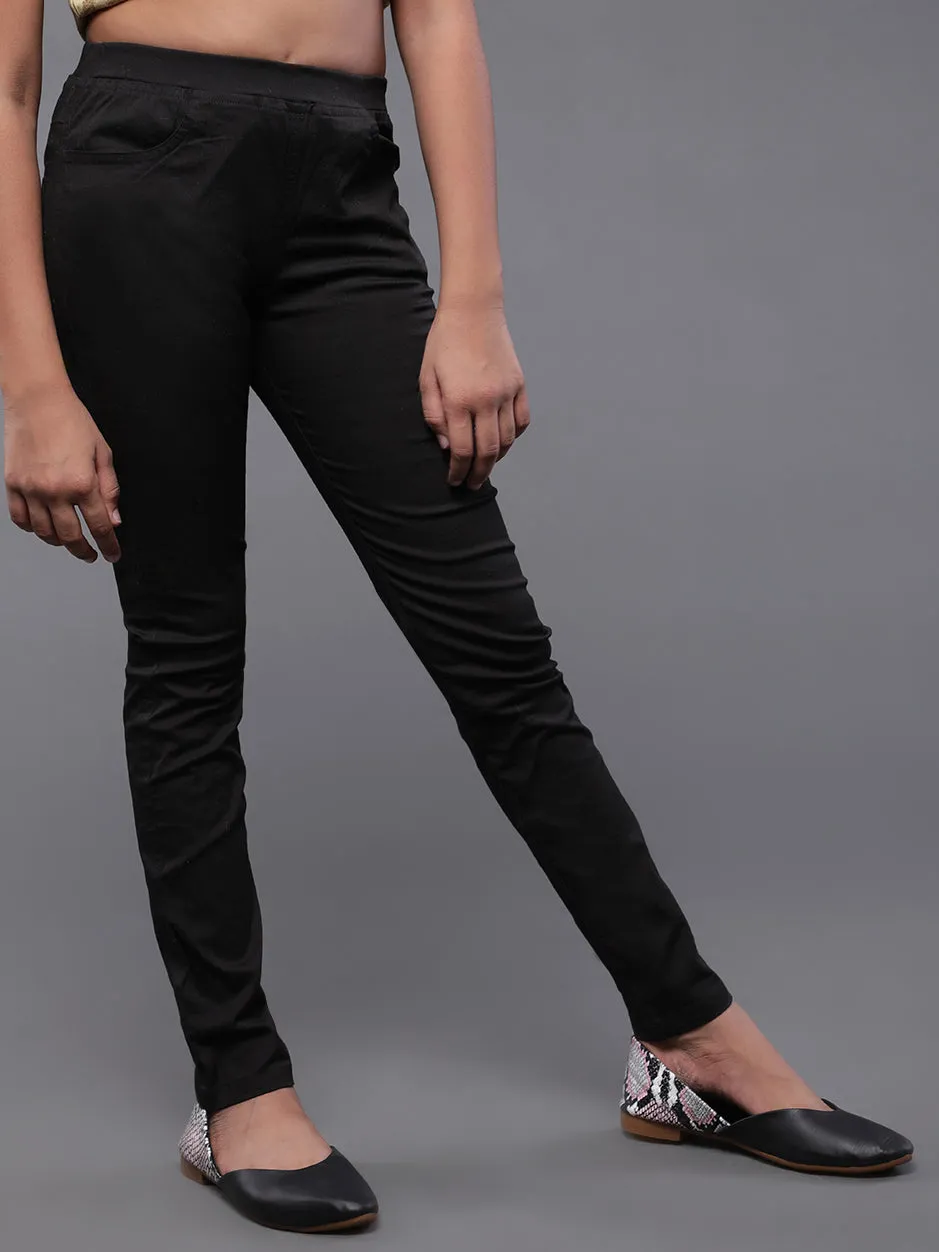 Girl's Black Solid Cigarette Trousers - Aks Girls