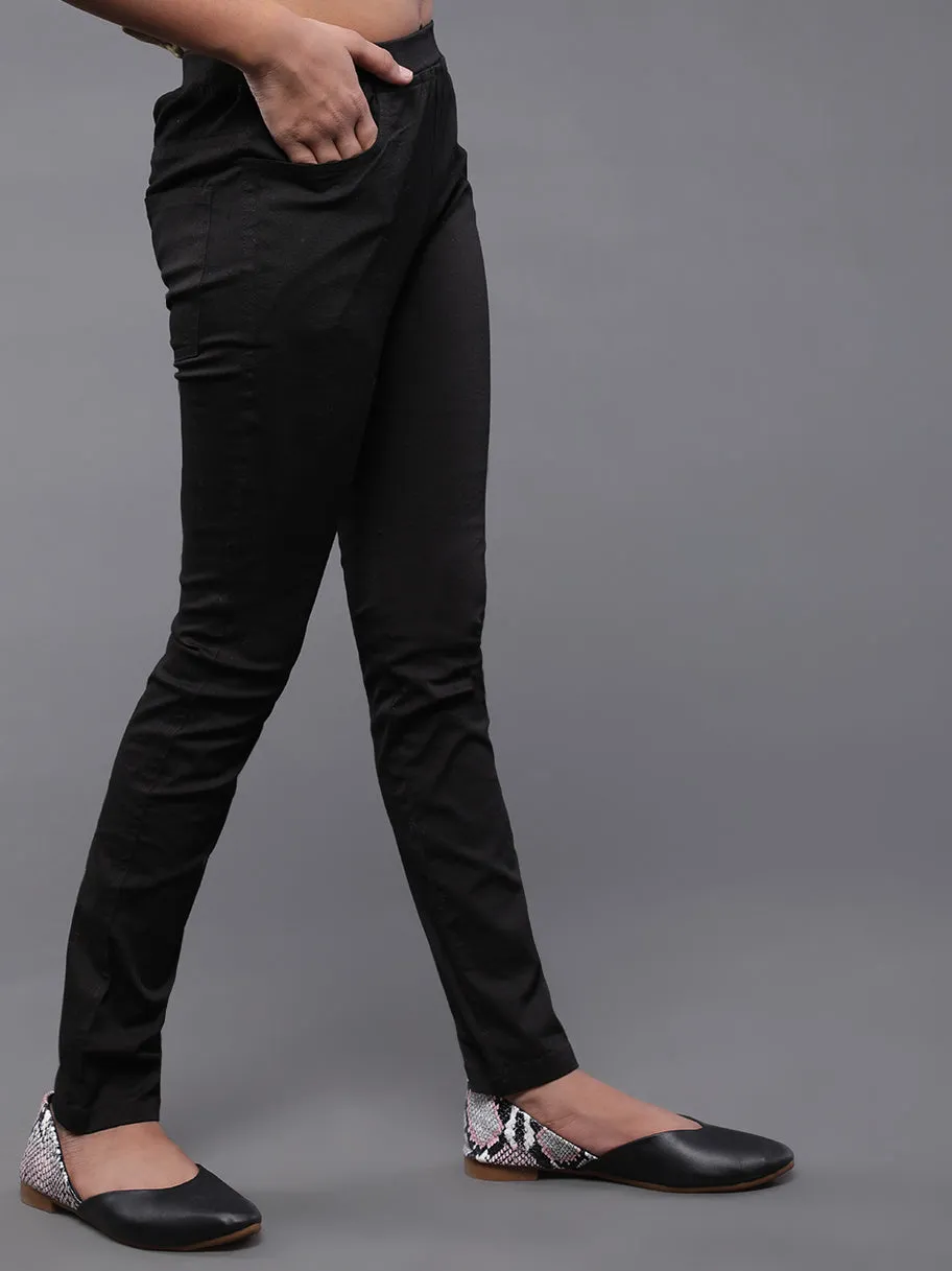 Girl's Black Solid Cigarette Trousers - Aks Girls