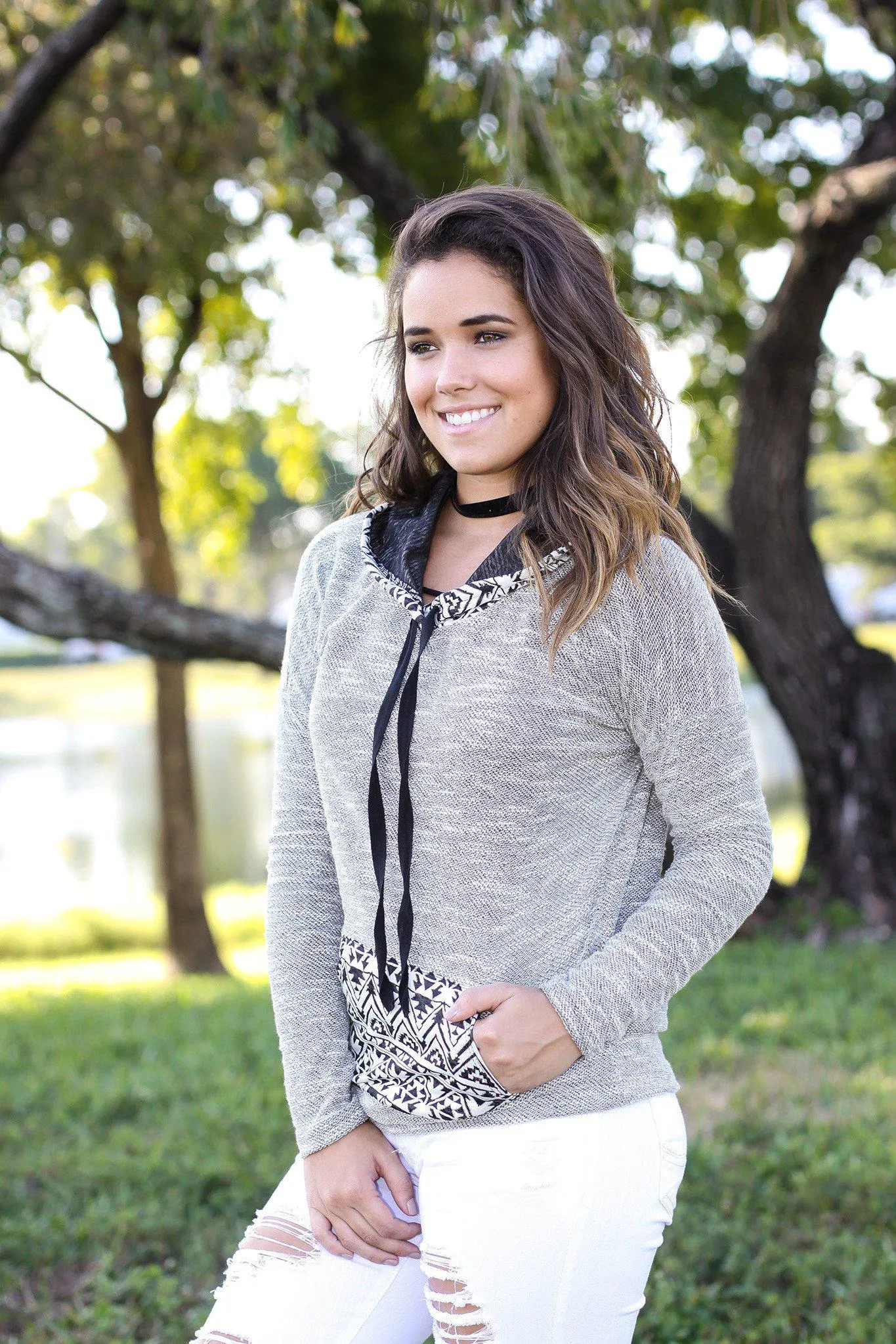 Gray Aztec Hoodie with Pocket