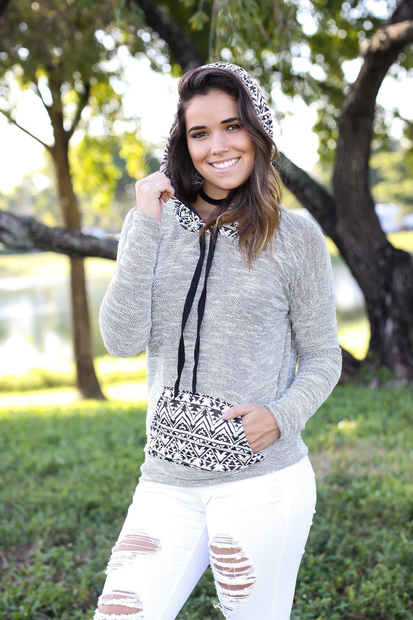 Gray Aztec Hoodie with Pocket