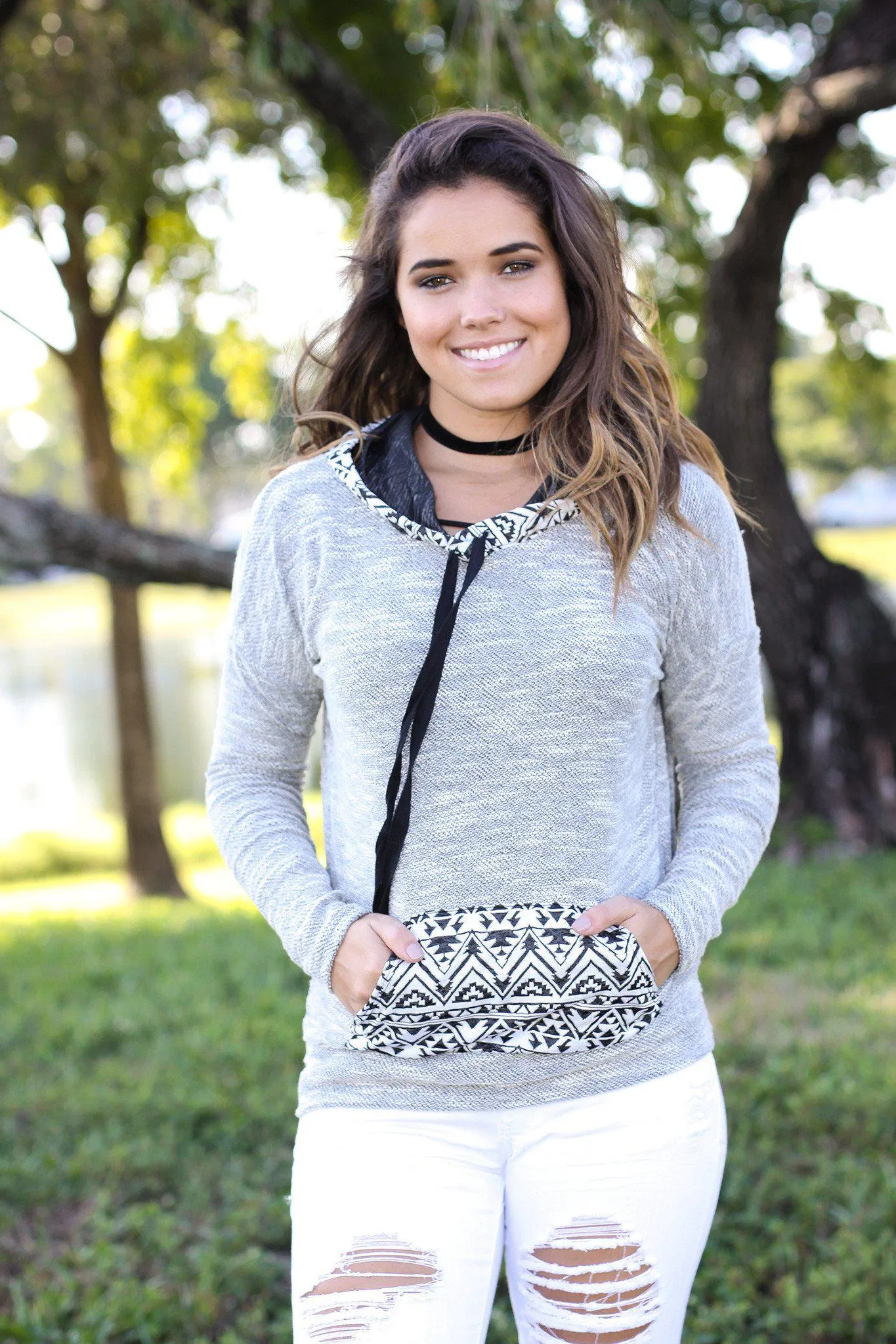 Gray Aztec Hoodie with Pocket