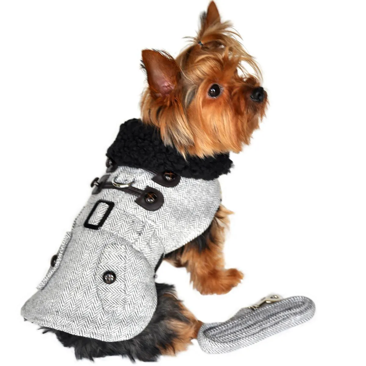 Grey Herringbone Dog Coat With Leash