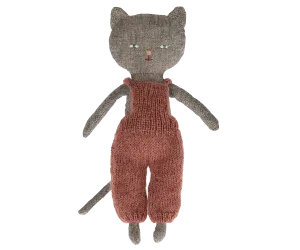 Grey Kitten in Mauve Overalls