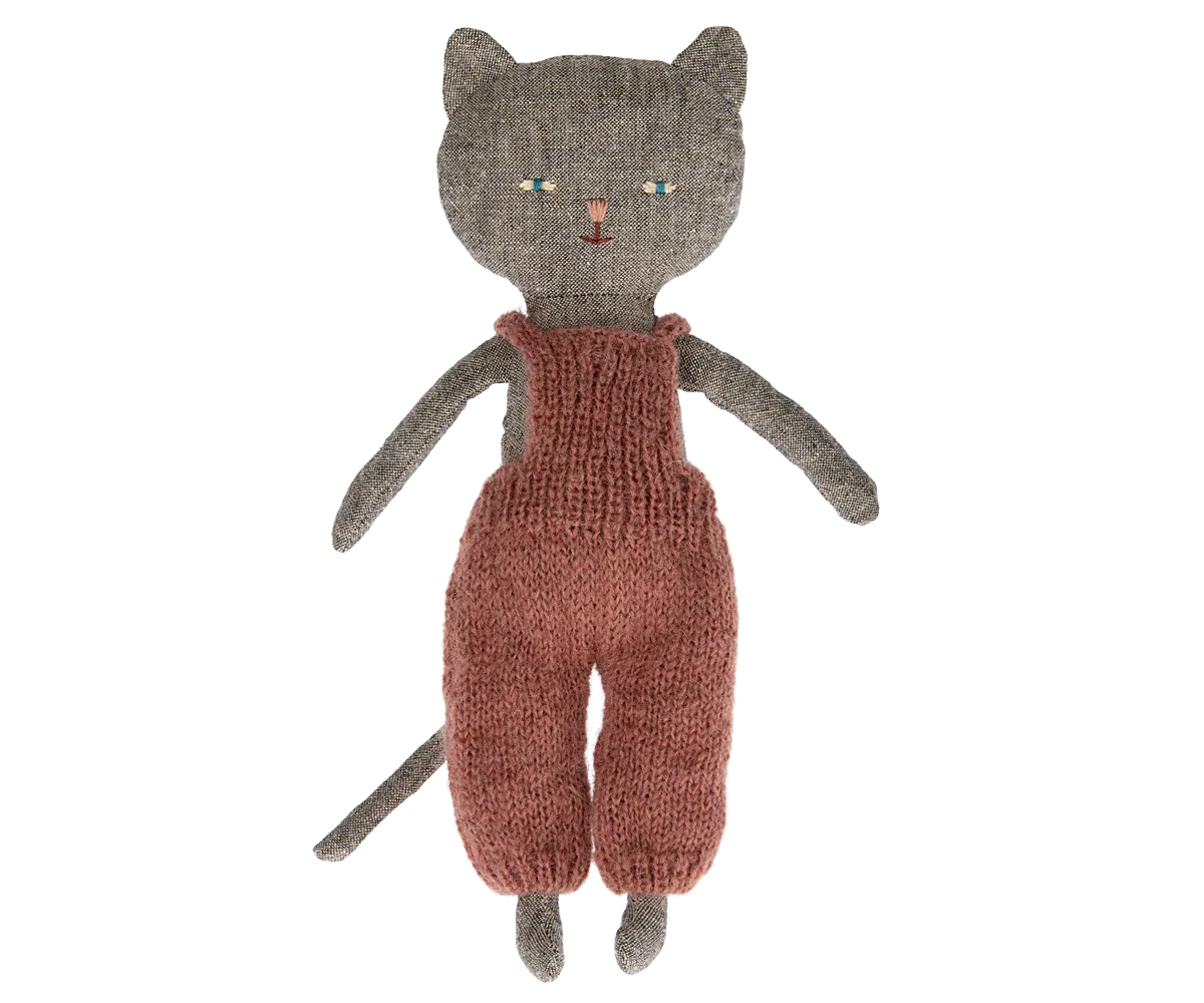 Grey Kitten in Mauve Overalls