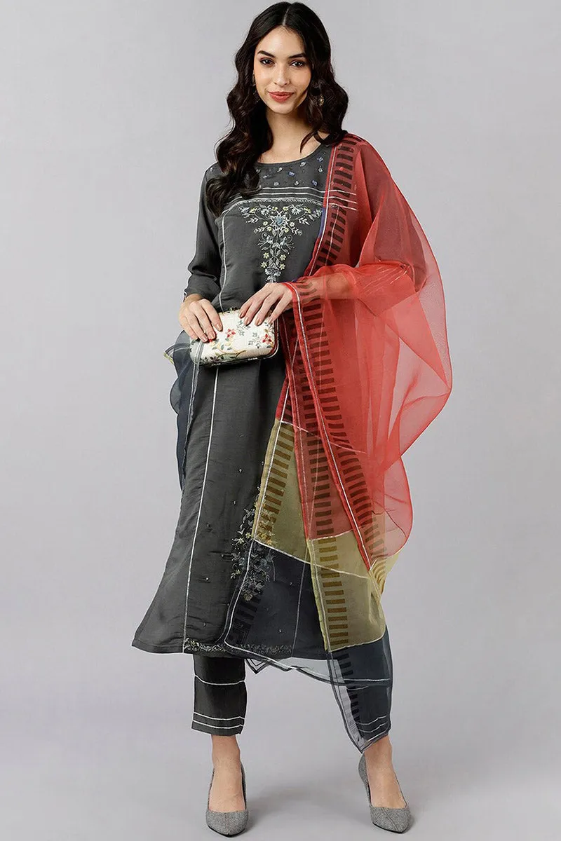 Grey Poly Silk Embroidered Straight Suit Set