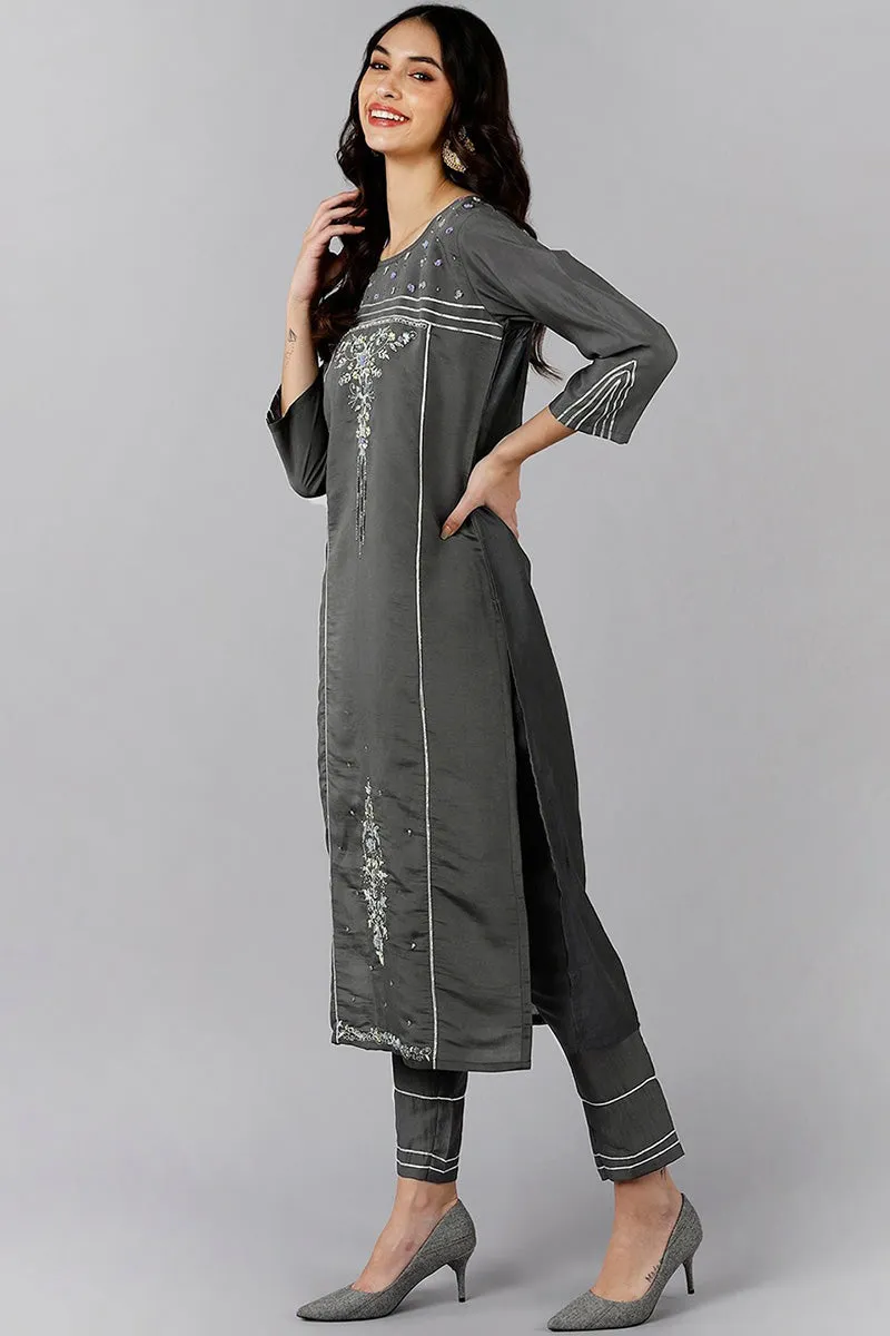 Grey Poly Silk Embroidered Straight Suit Set