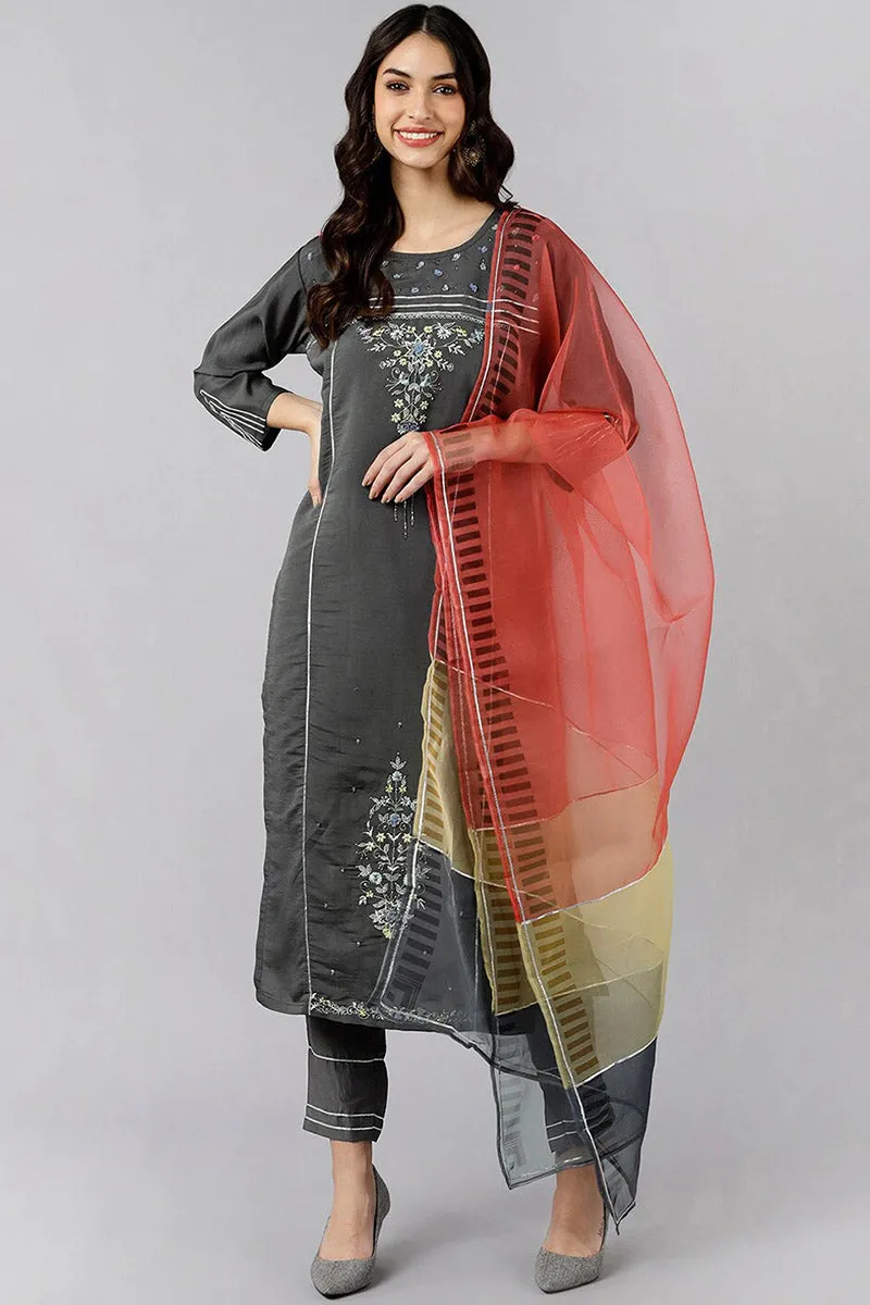 Grey Poly Silk Embroidered Straight Suit Set