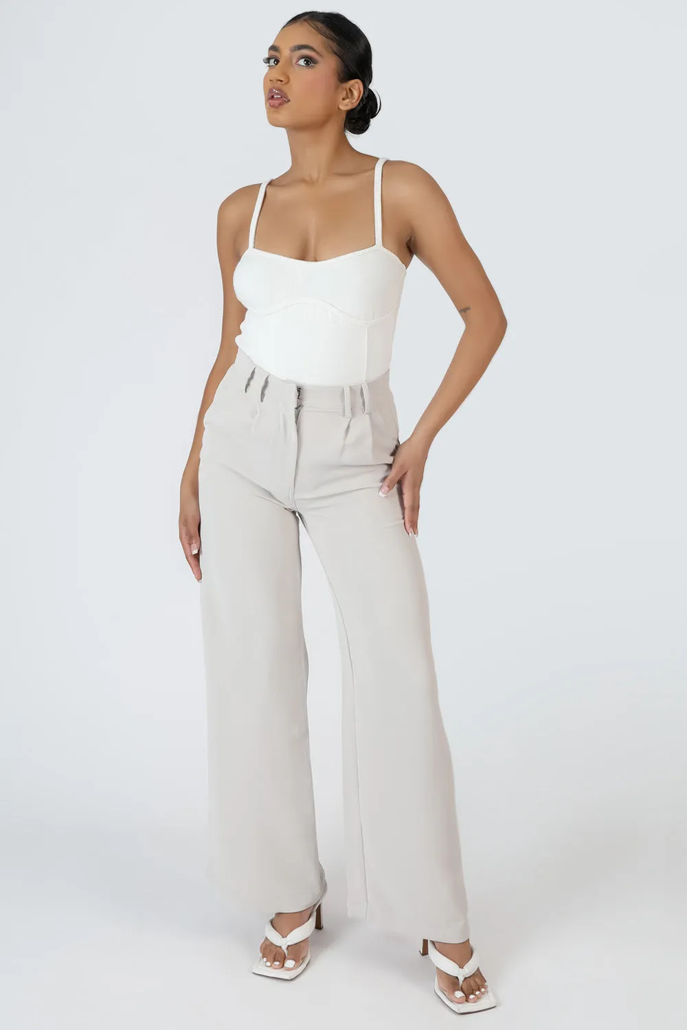 High Waist Wideleg Tailored Trouser Stone