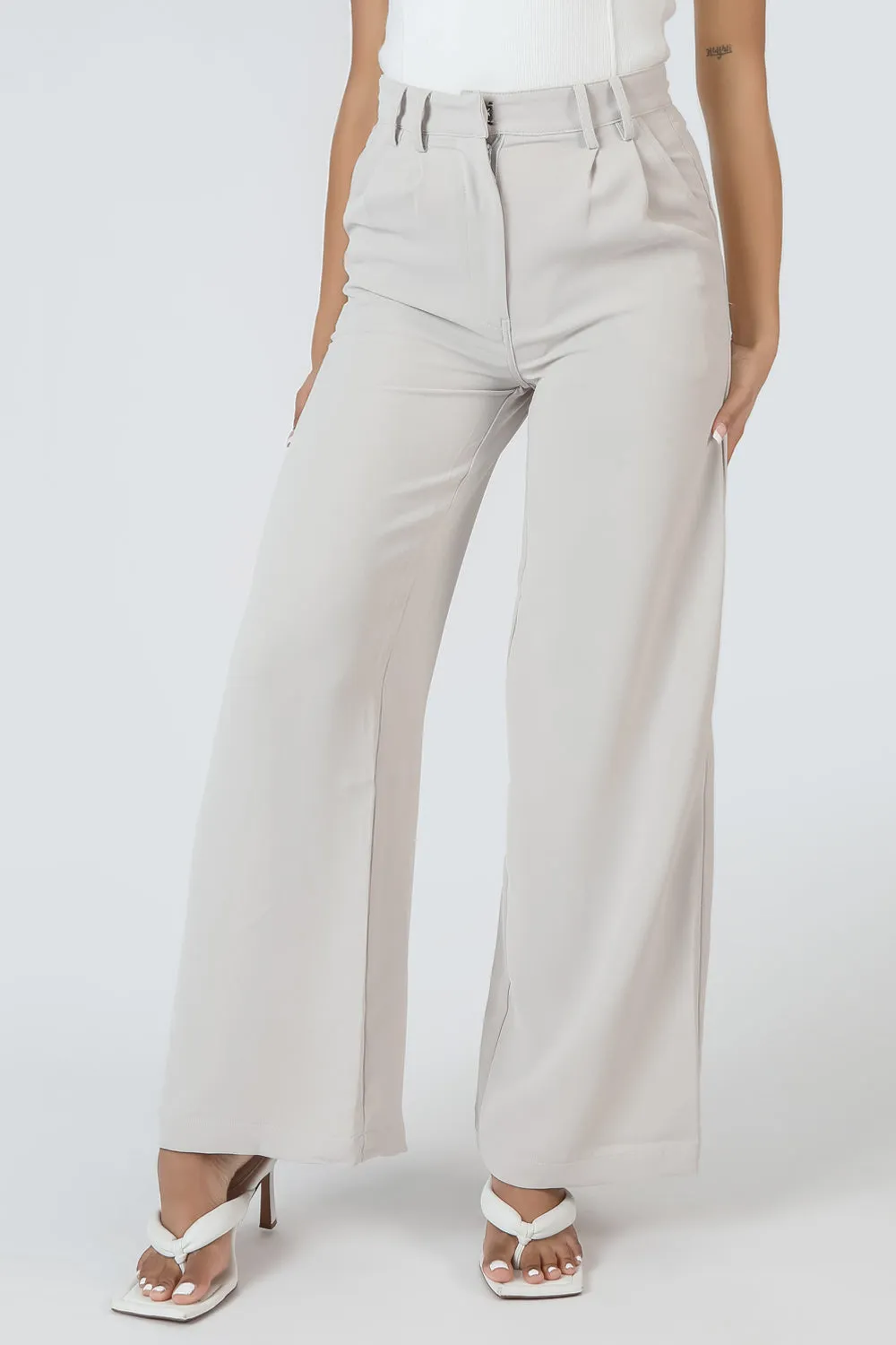 High Waist Wideleg Tailored Trouser Stone