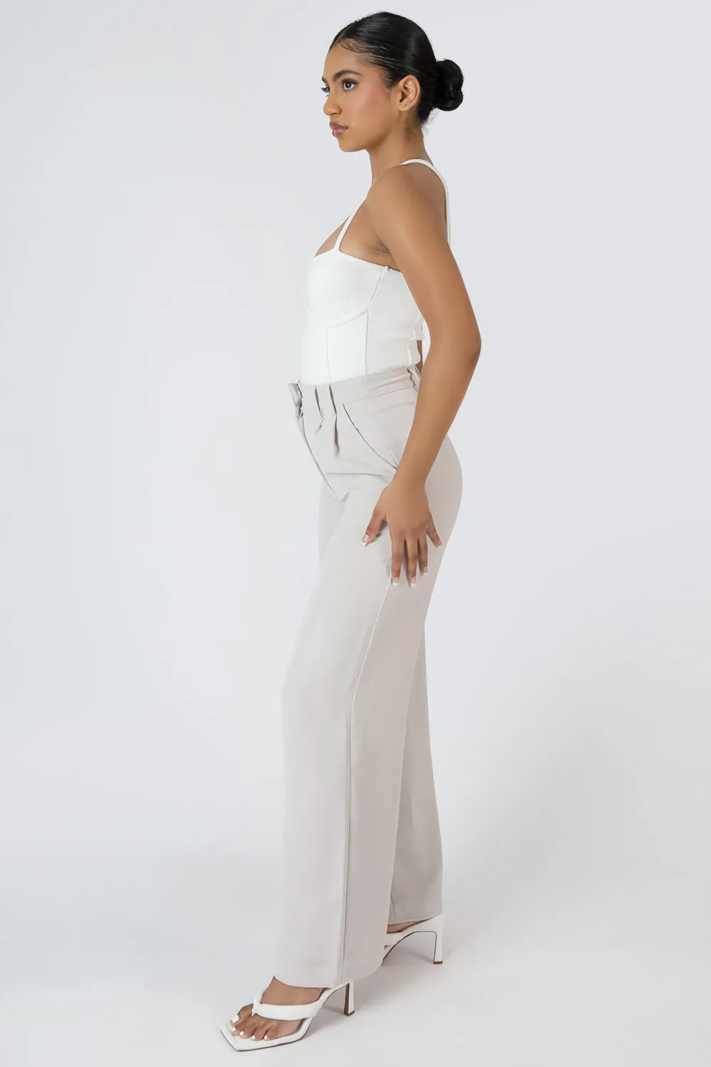 High Waist Wideleg Tailored Trouser Stone