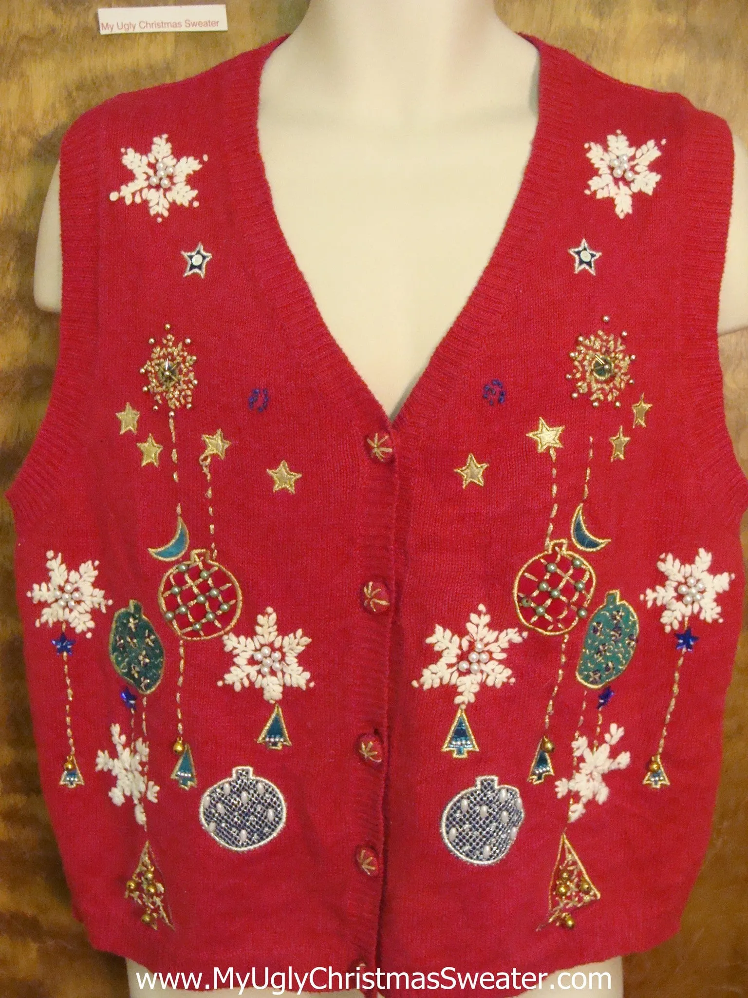 Horrible Christmas Sweater Vest with Snowflakes and Ornaments