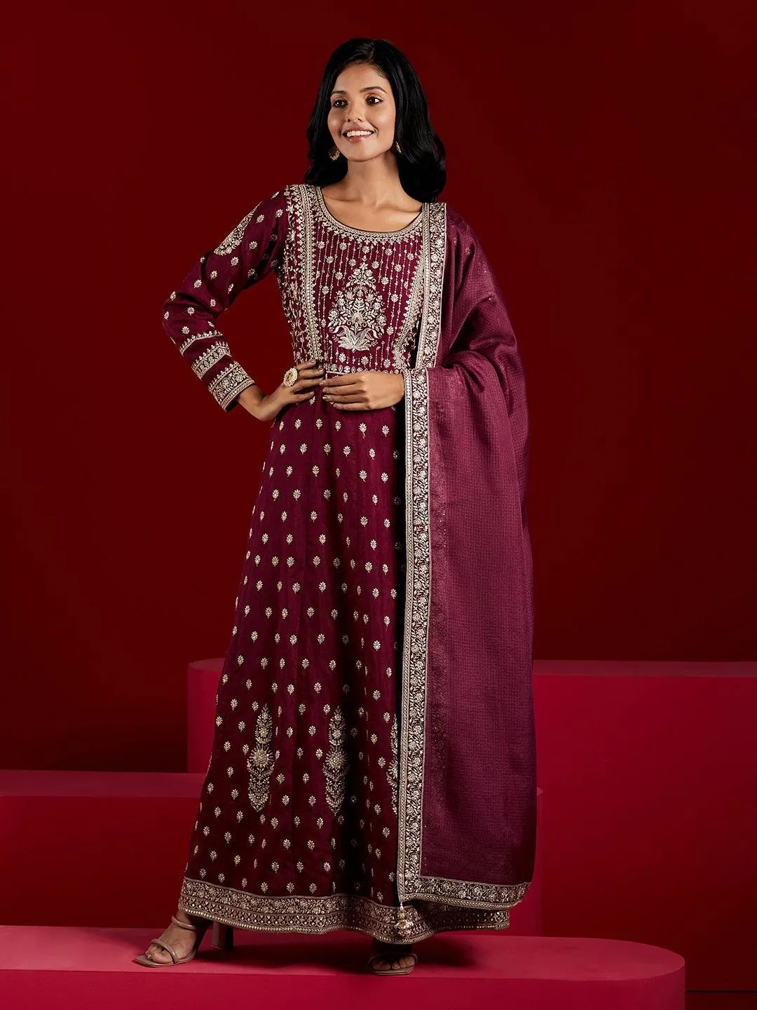 Jashvi Art Wine Embroidered Silk A-Line Kurta With Trousers & Dupatta