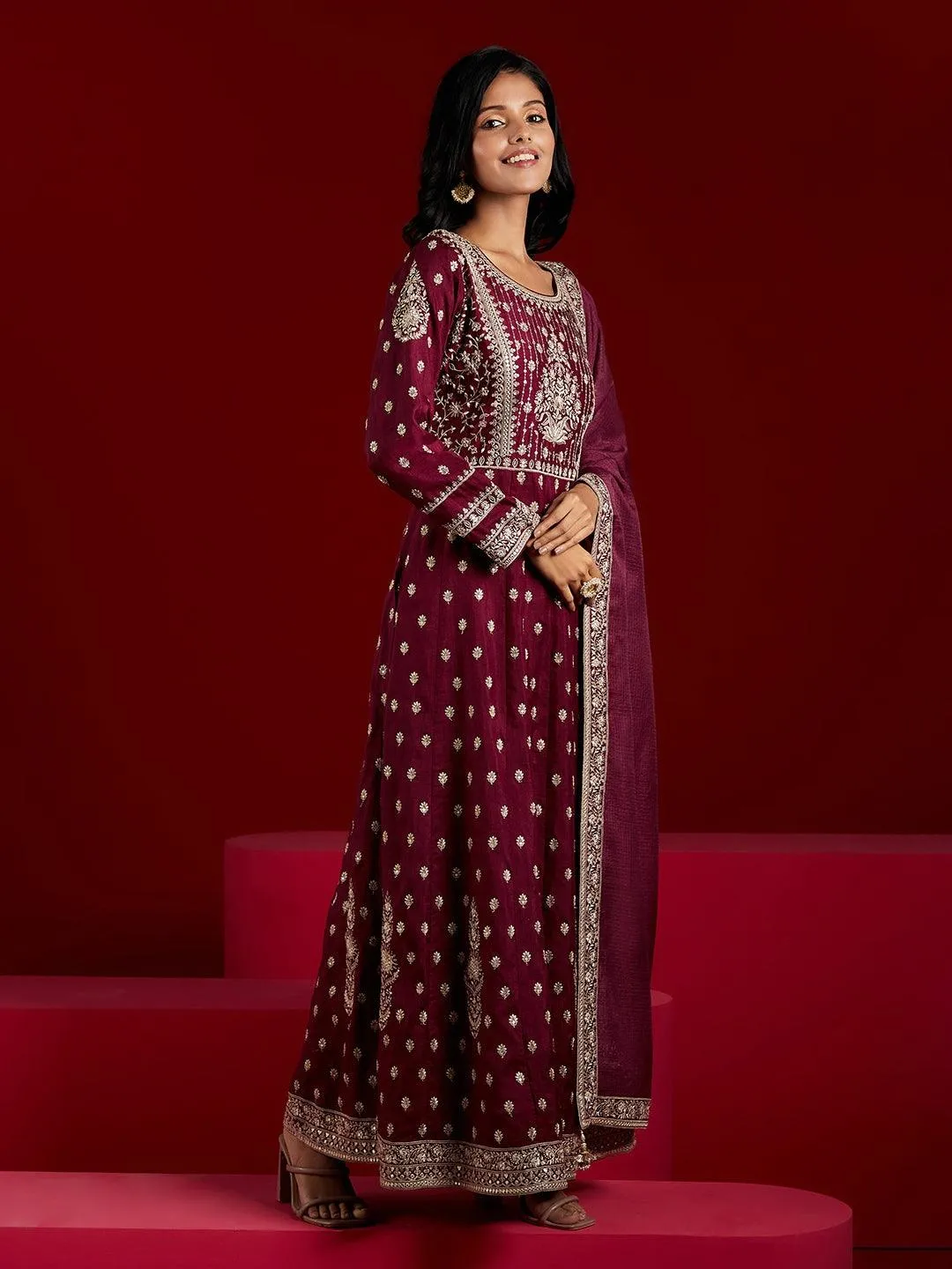 Jashvi Art Wine Embroidered Silk A-Line Kurta With Trousers & Dupatta