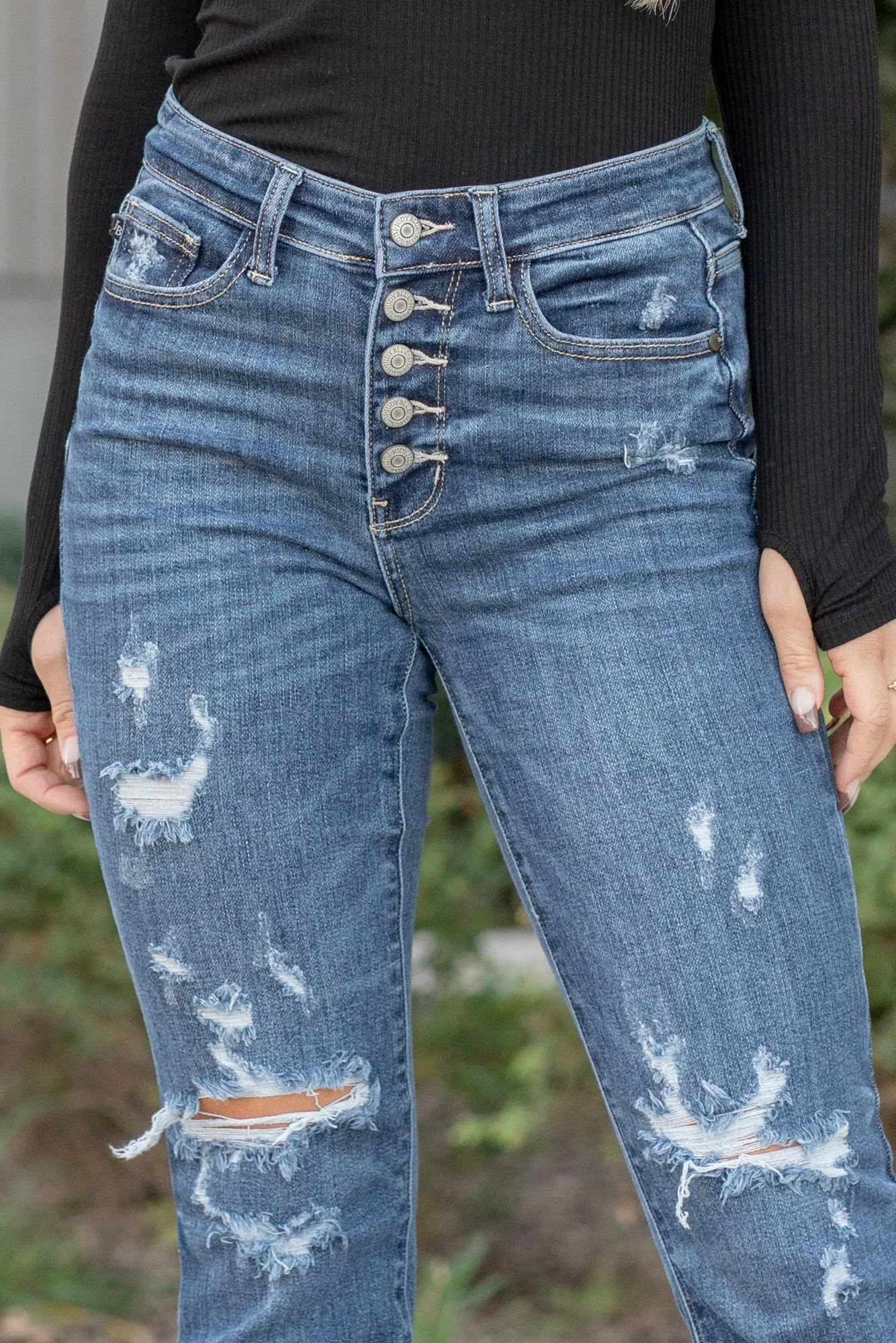 Jasper Mid Rise Distressed Button Fly Flare Regular & Plus Sizes