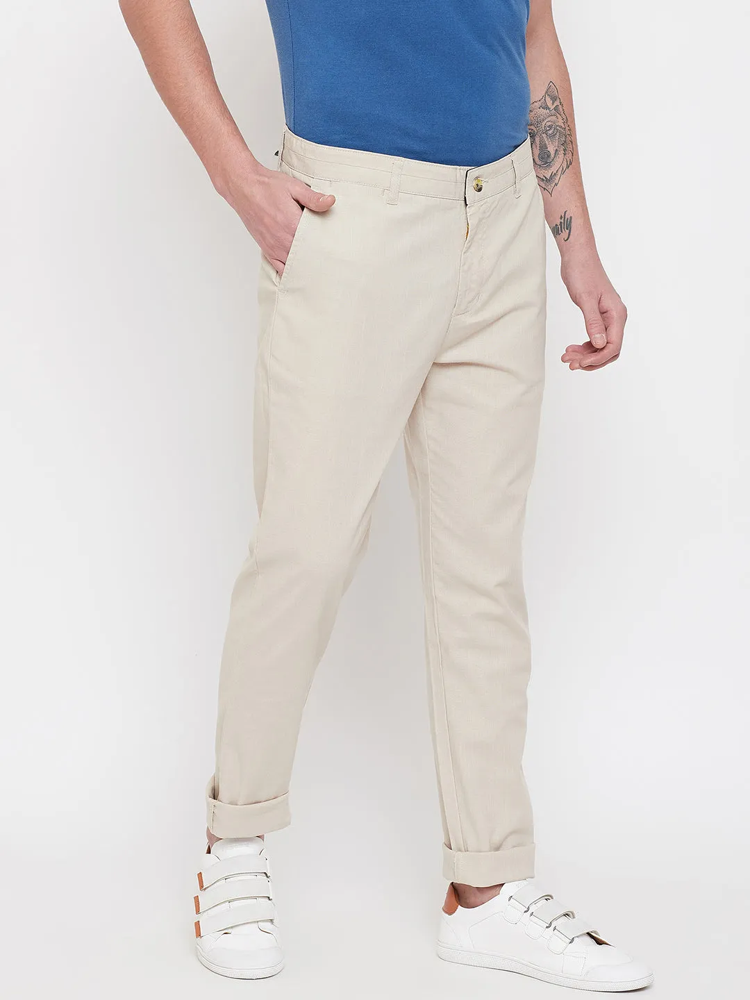 JUMP USA Men Cream Casual Slim Fit Trousers