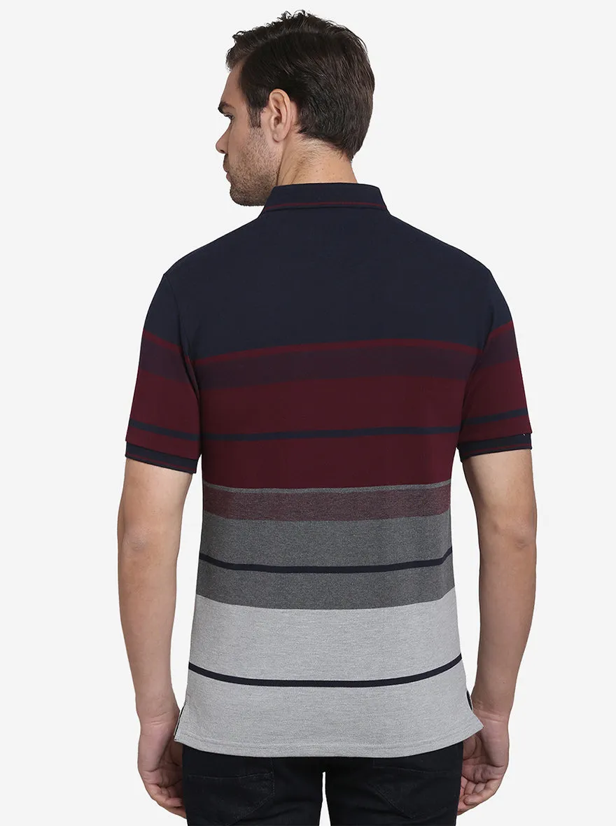 Maroon & Navy Blue Striped Slim Fit Polo T-shirt  | JadeBlue