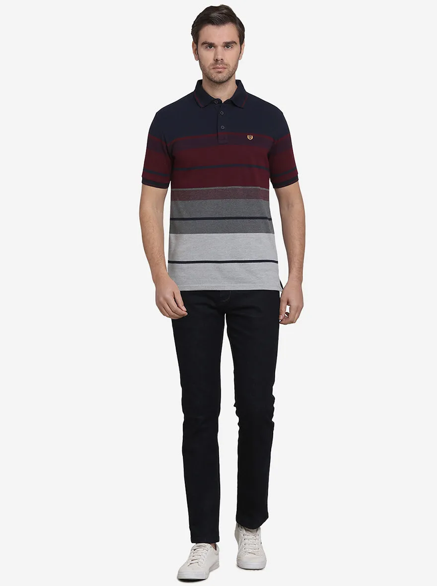 Maroon & Navy Blue Striped Slim Fit Polo T-shirt  | JadeBlue