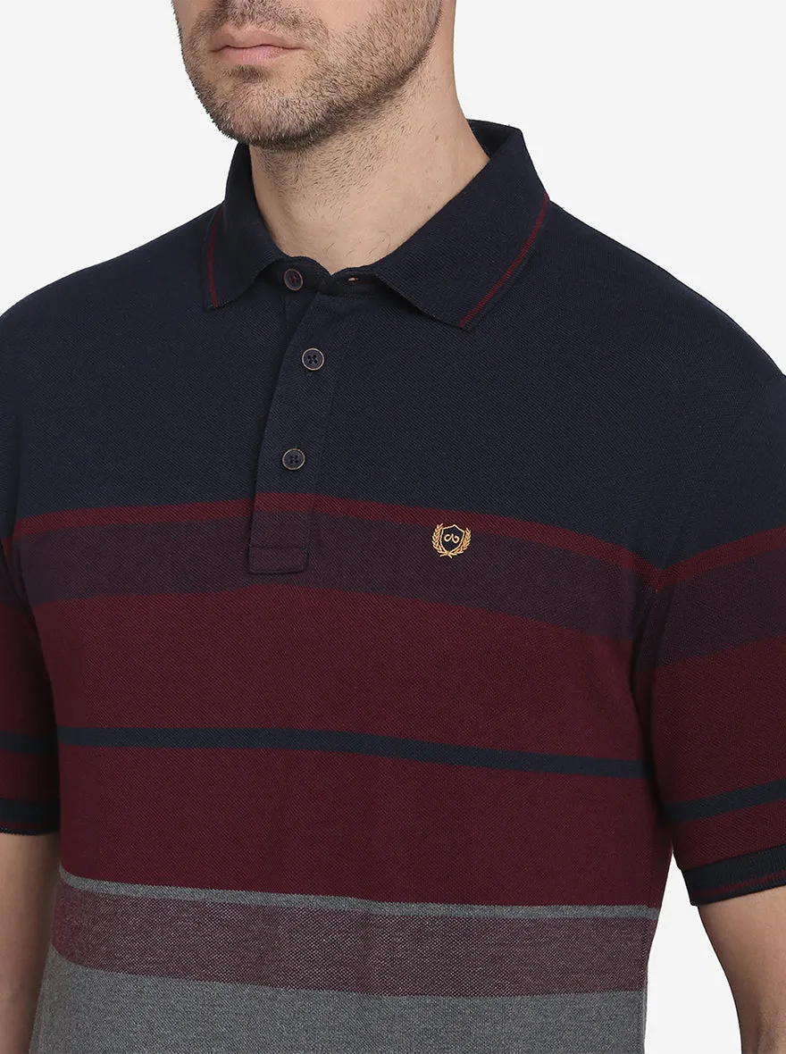 Maroon & Navy Blue Striped Slim Fit Polo T-shirt  | JadeBlue