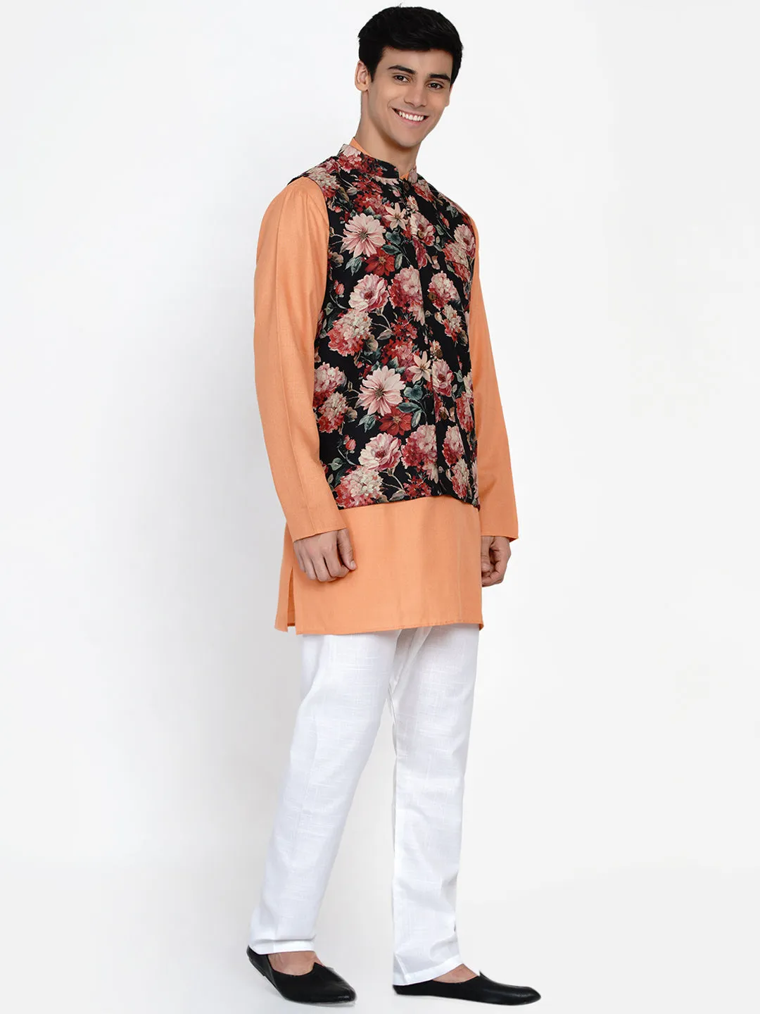 Men Peach-Coloured & White Floral Regular Kurta with Trousers & Waistcoat