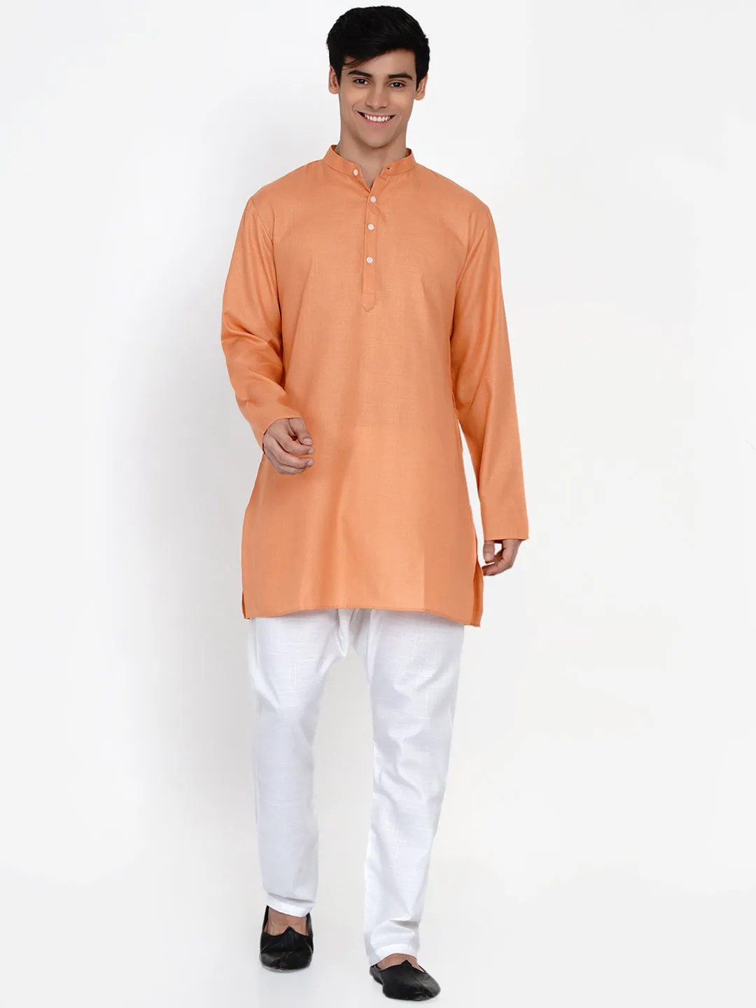 Men Peach-Coloured & White Floral Regular Kurta with Trousers & Waistcoat