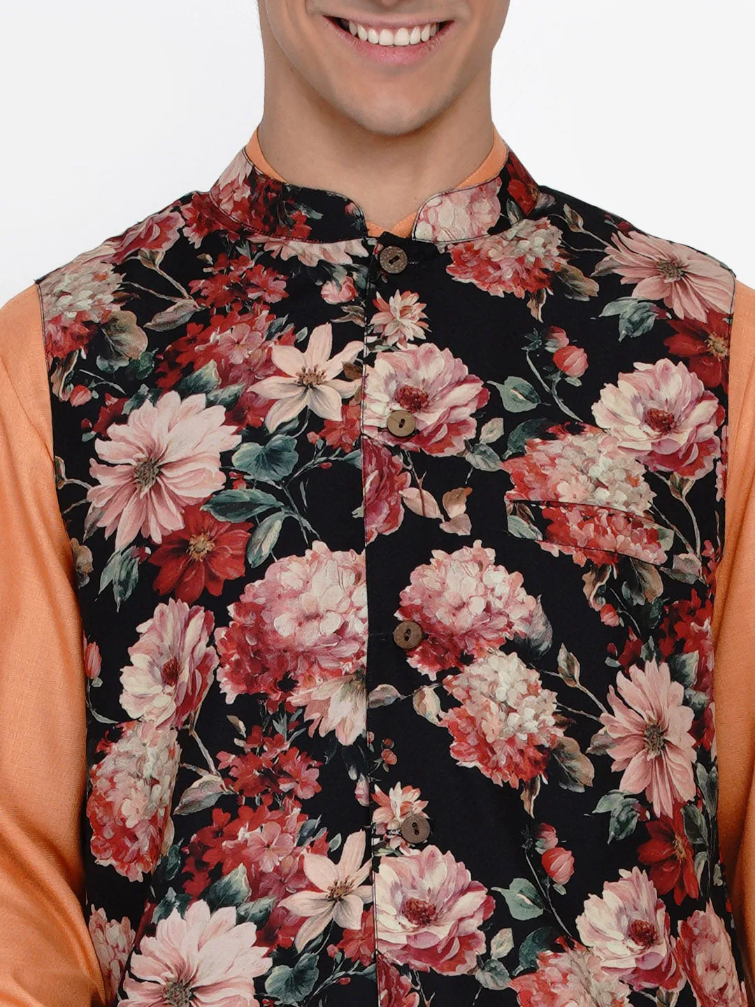 Men Peach-Coloured & White Floral Regular Kurta with Trousers & Waistcoat