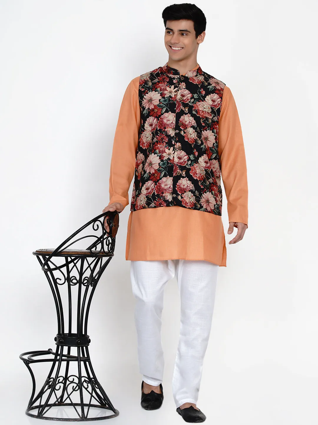 Men Peach-Coloured & White Floral Regular Kurta with Trousers & Waistcoat