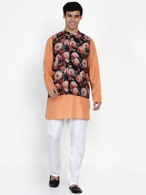 Men Peach-Coloured & White Floral Regular Kurta with Trousers & Waistcoat