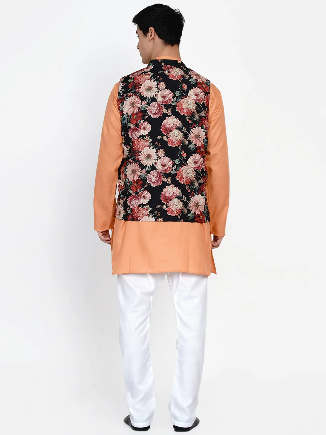 Men Peach-Coloured & White Floral Regular Kurta with Trousers & Waistcoat