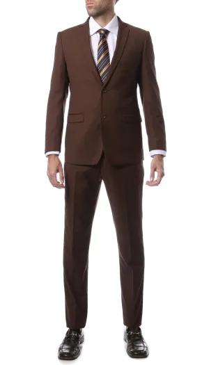 Mens 2 Piece 2 Button Slim Fit Brown Zonettie Suit