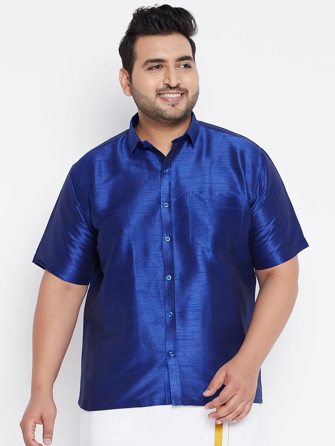 Men's Plus Blue Silk Blend Ethnic Shirt - Vastramay