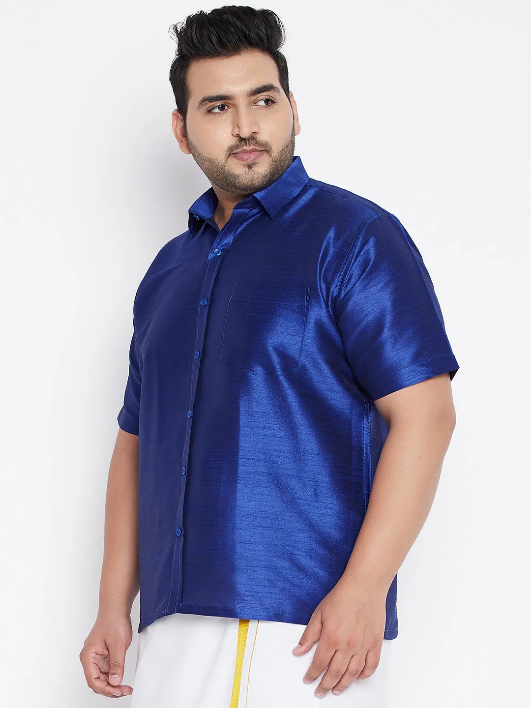 Men's Plus Blue Silk Blend Ethnic Shirt - Vastramay