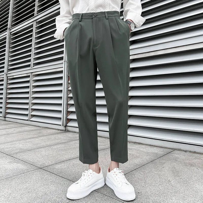 Men's Solid Color Casual Slim Fit Nine Point Trousers