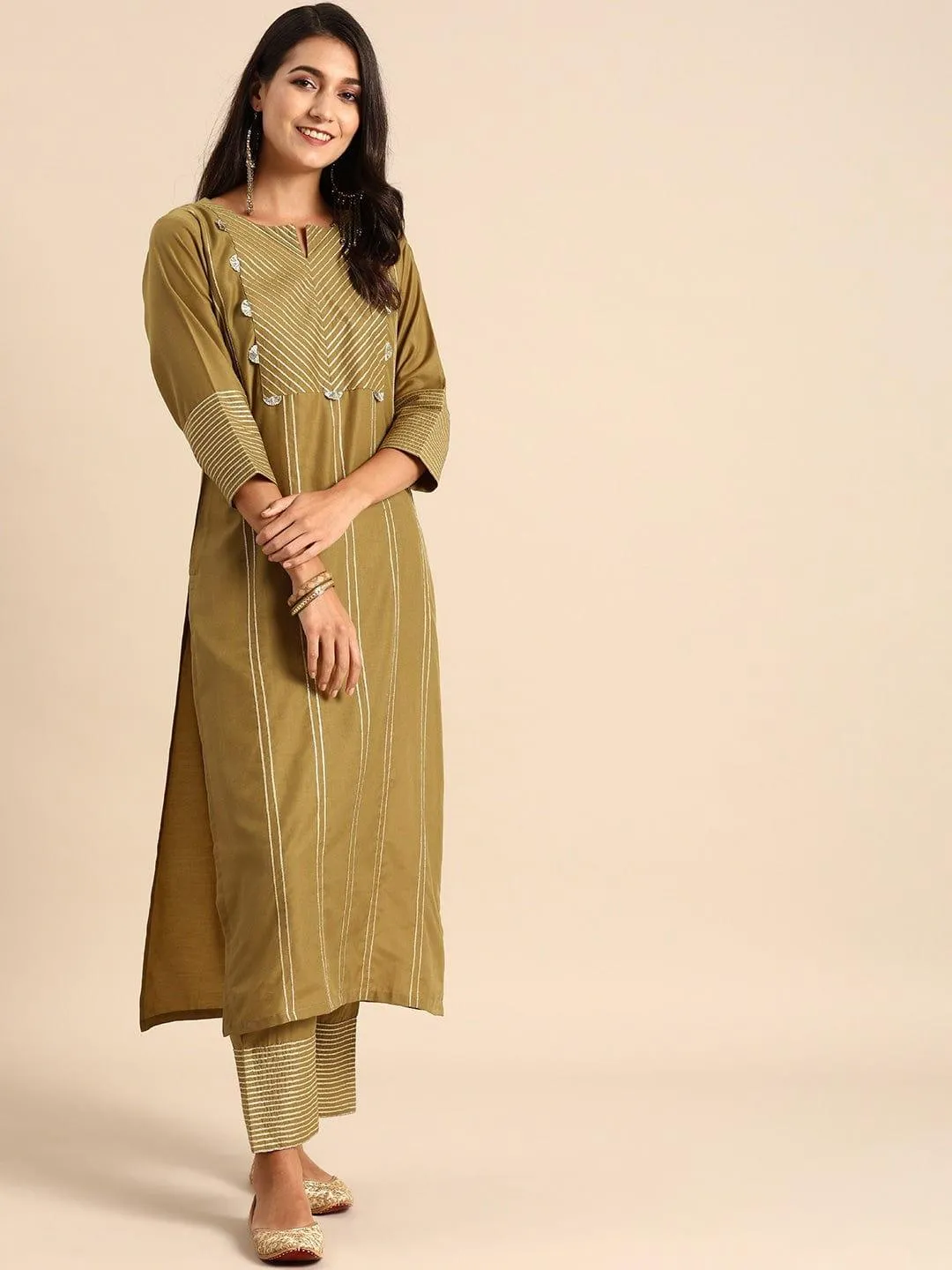 Olive Brown Striped Kurta with Trousers