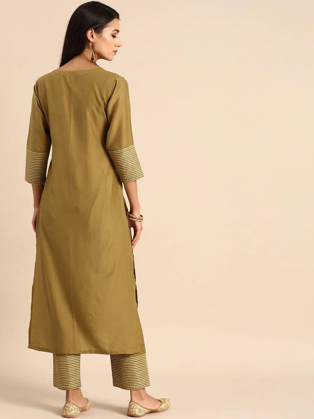 Olive Brown Striped Kurta with Trousers