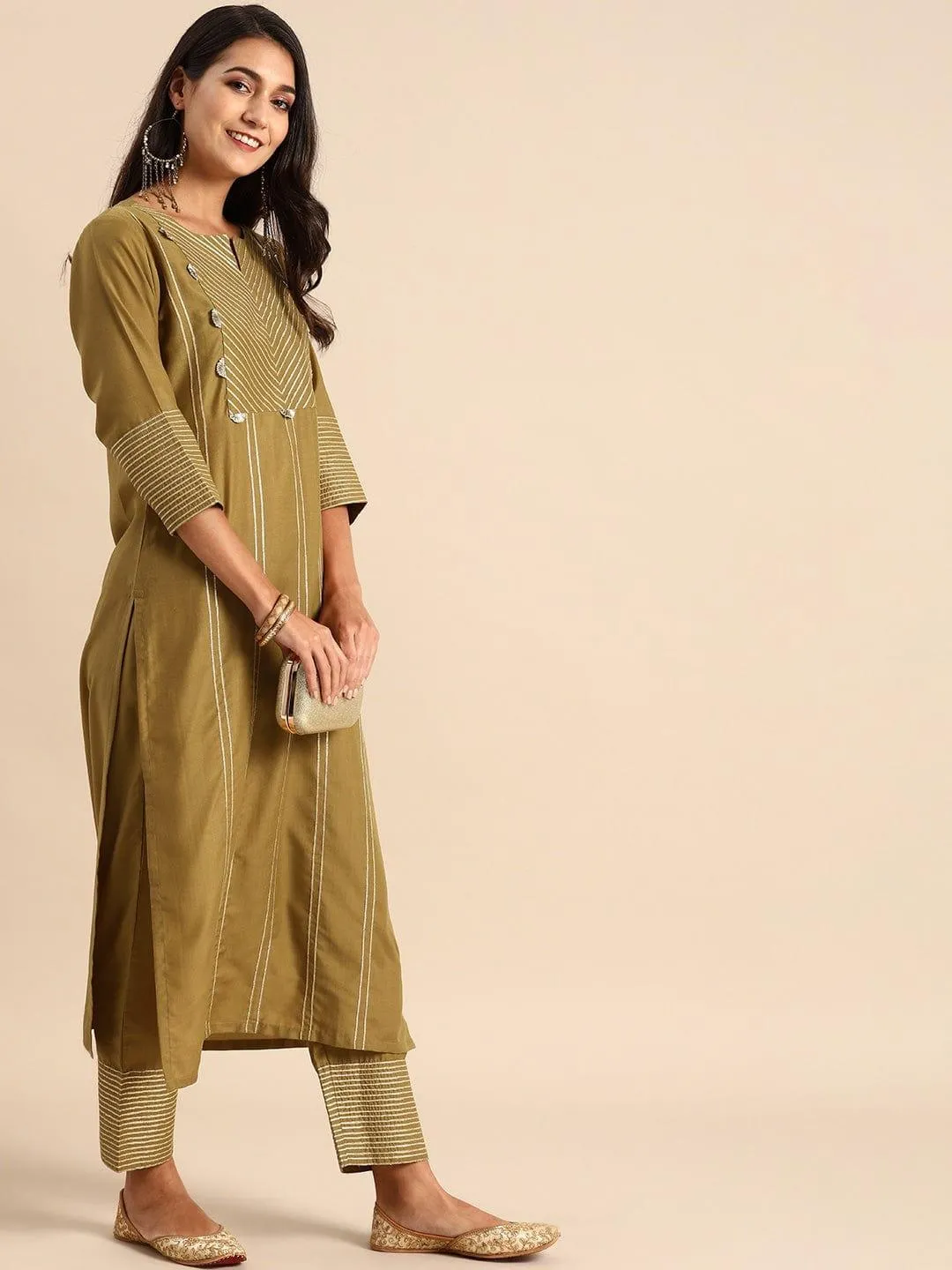 Olive Brown Striped Kurta with Trousers