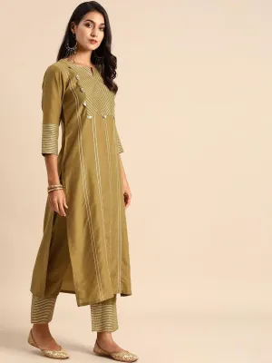 Olive Brown Striped Kurta with Trousers