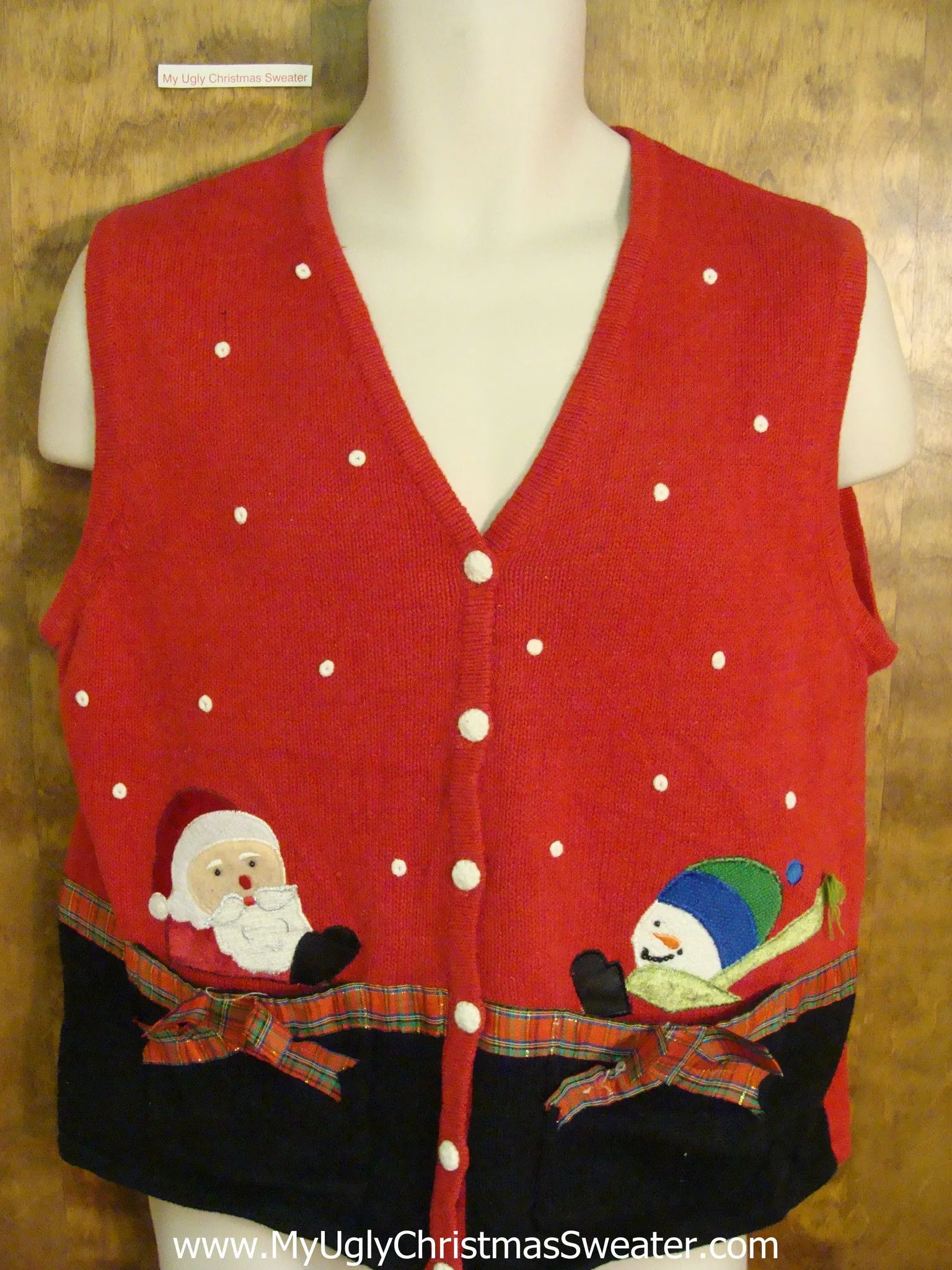 Peaking Santa and Snowman Red Ugliest Christmas Sweater Vest