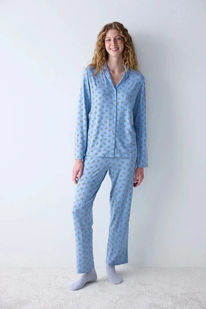 Penti Cute Bows Light Blue Shirt Pant Pyjama Set